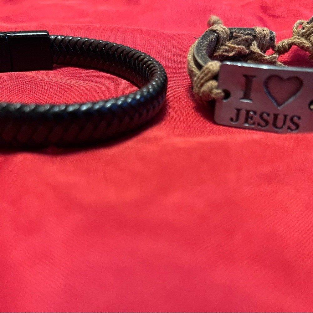 Black Leather Bracelet with 'I Love Jesus' Charm